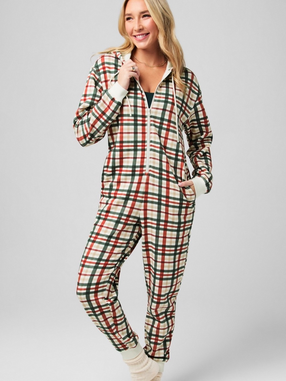 FABLETICS Cozy Holiday Plaid Onesie